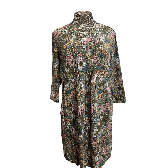 J Jill Dress Floral Shift V-Neckline Pintuck Pleats Long Sleeve Pockets Green S‎ - Picture 1 of 16